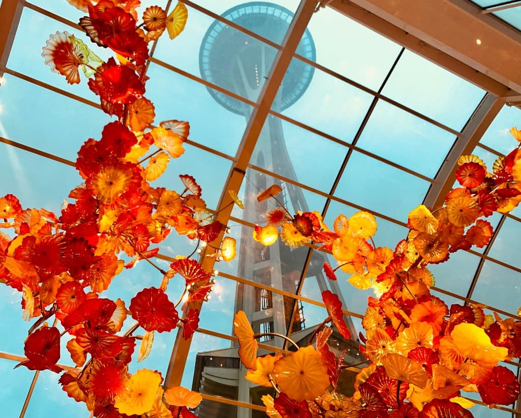 Chihuly glass and Space Needle viewed through the Seattle glass ceiling